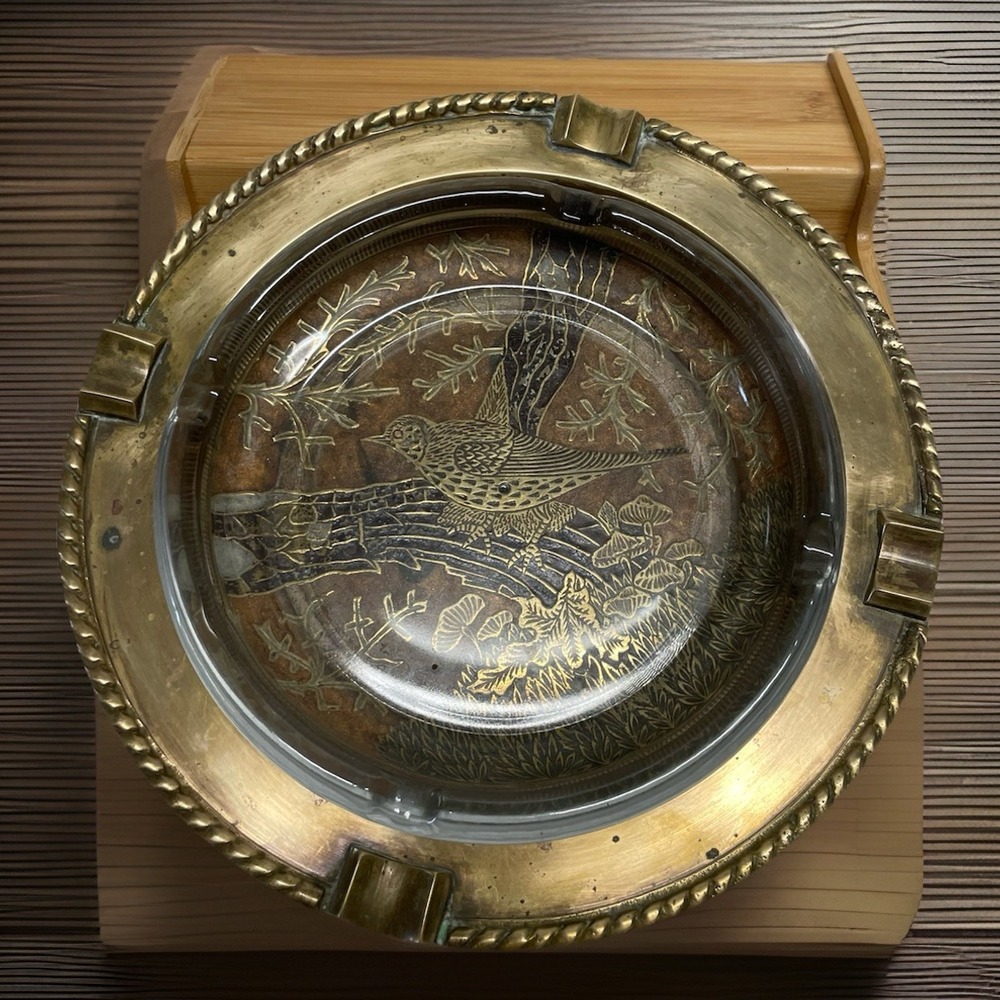 VTG Brass Ashtray 4 Rests 8" Bird On A Branch Etch Clear Glass Insert Made India
